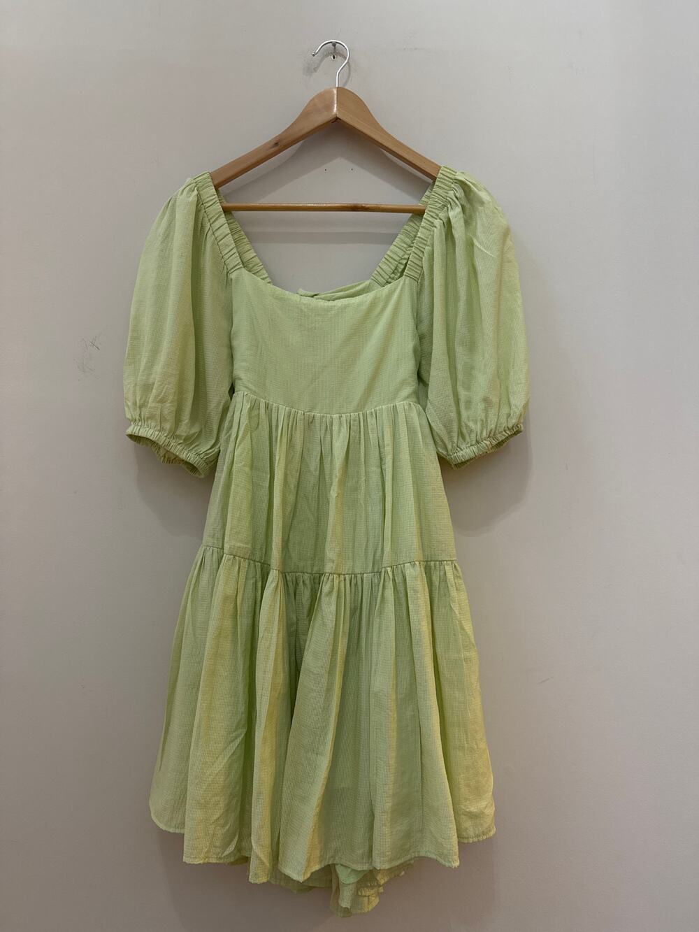 Mable Cottagecore Milkmaid Ruffle Mini Dress Open Back with Bow Size Med Green